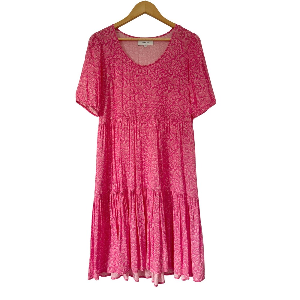 Pink Tropical Midi Dress S Pockets Resortwear Fairy Slow Fashion Lenzing EcoVero